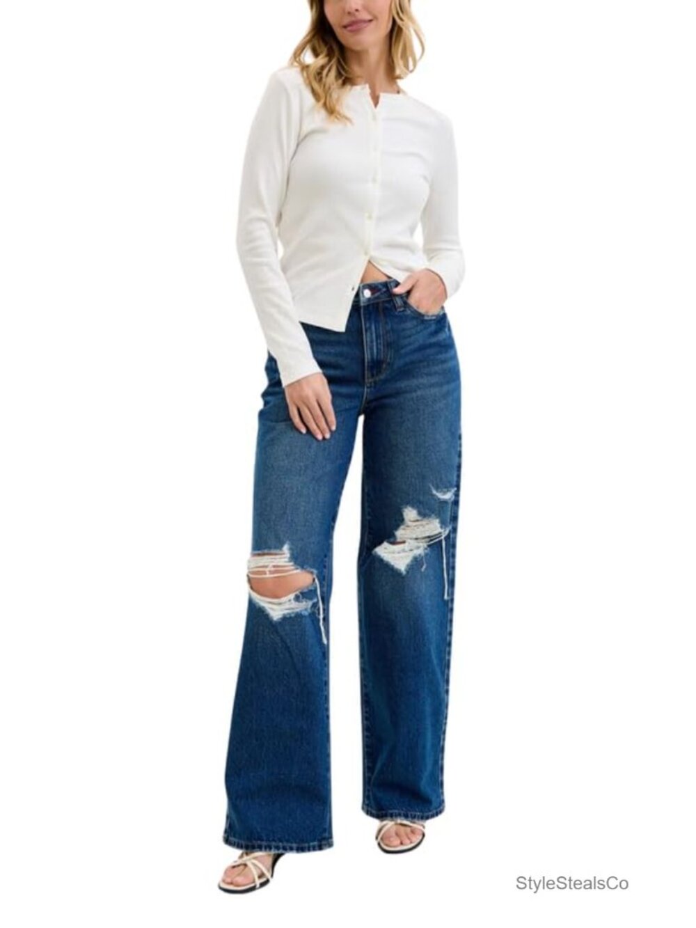 High Waist Rigid Magic Column Straight Destructed Jeans Adjustable Waist 33"